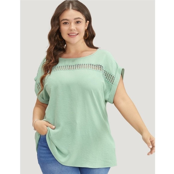 NWT!Mint green cap roll sleeve, crochet detail, top size 12 or large - Picture 1 of 5
